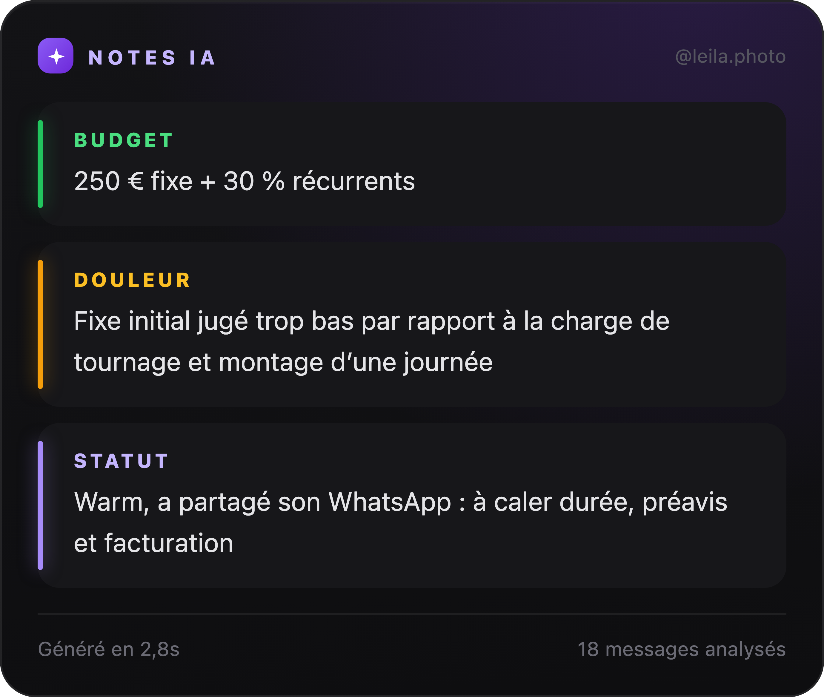 Note IA générée automatiquement : budget, douleur et statut du prospect